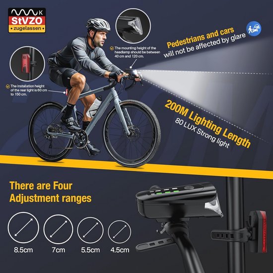 Fietsverlichtingsset met intelligent remlicht en automatische helderheidsregeling - USB-oplaadbaar, 80 lux, IPX5 waterdicht — afbeelding 2