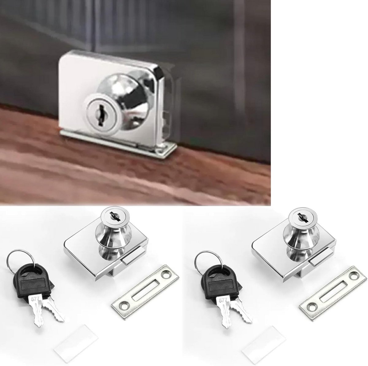 2x Vitrinekast Slot Dubbel Glas – Veiligheidssloten voor Displaykasten met 4 Sleutels