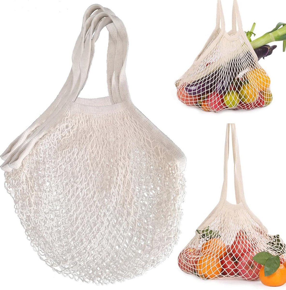 Opvouwbare Nettassen 3-Pack - Herbruikbare Boodschappentas met Handvat voor Groenten en Fruit - Beige