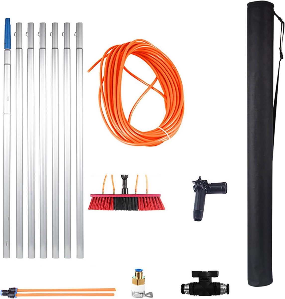 Telescopische Schuifstok (7-12m) met Borstel en Waterslang - Ideaal voor Dak, Zonnepanelen, Vrachtwagen & Bus