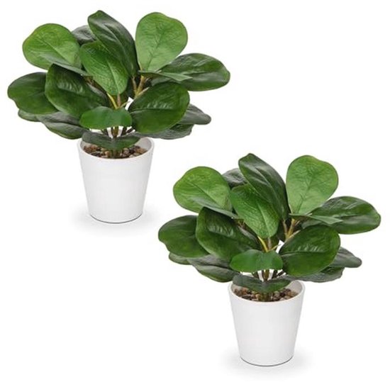 Kunstplanten en vetplanten in 2 witte keramische potten, kleine
