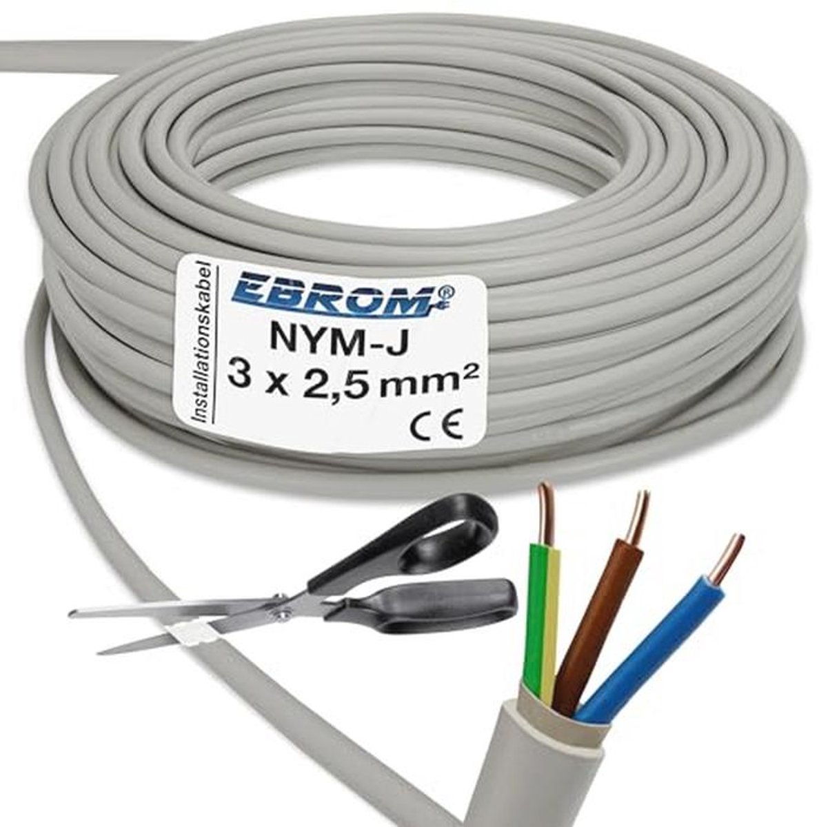 Kabel NYM-J 3 x 2,5 mm² - Grijze Installatiekabel - Natte Kamertoepassing - Verkoop per Meter