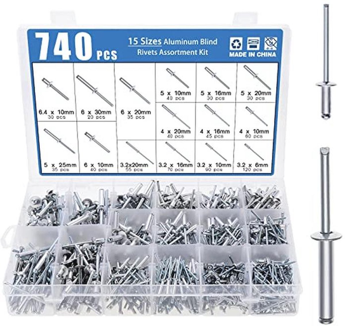740 Stuks Aluminium Blinde Klinknagels 6.4mm/6mm/5mm/4mm/3.2mm - Multifunctionele Koepelkop Klinknagels voor Meubels en Machines