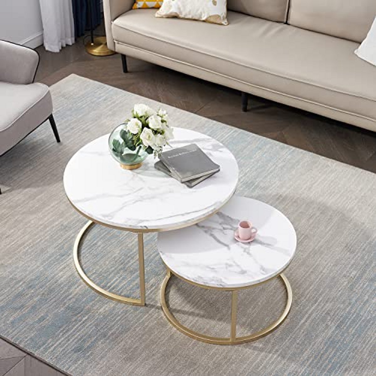 Set van 2 nesttafels; moderne ronde koffietafels voor woonkamer, slaapkamer, balkon, kantoor. Groot: 80 x 80 x 45 cm; klein: 60 x 60 x 35 cm (wit/goud)