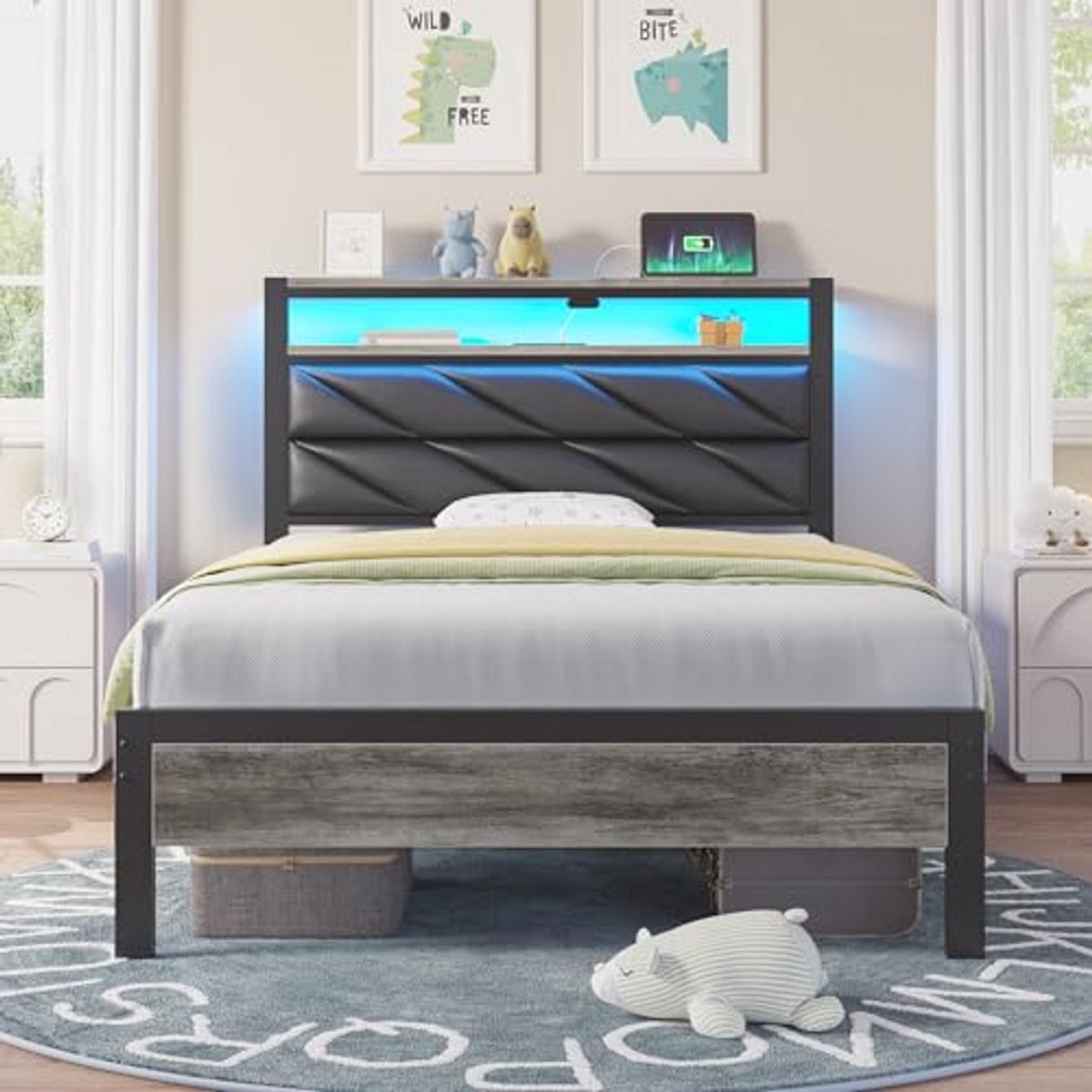 Twinsize Bedframe met Oplaadstation en Opbergruimte - Geluidsvrij en Eenvoudig te Monteren