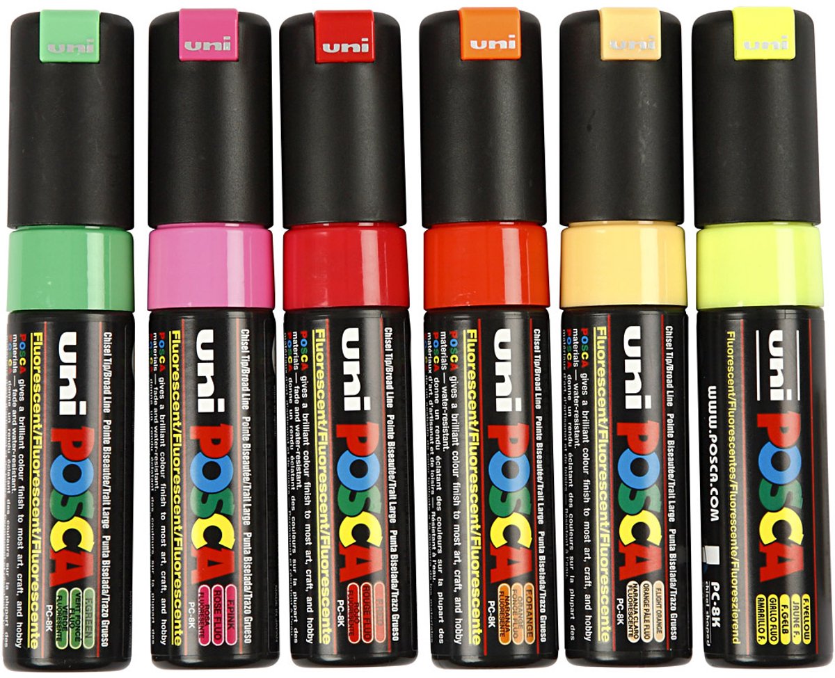 Posca Marker - Universele Stift - Paintmarker - Diverse Kleuren - PC-8K - Lijndikte 8mm - Posca - 6 stuk