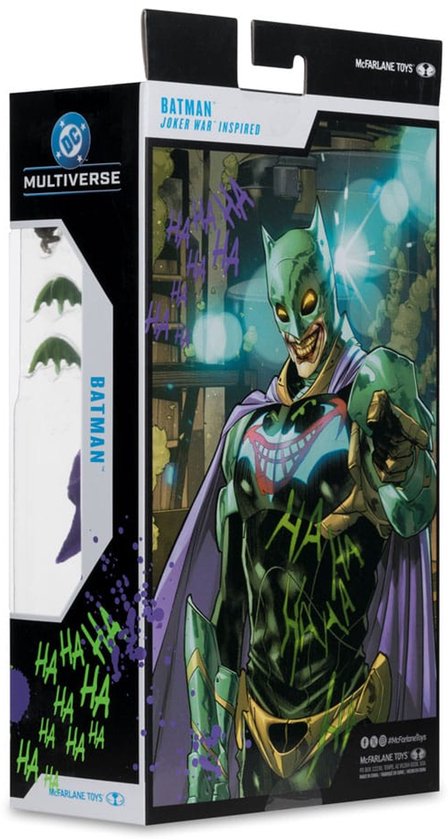 Doos van DC Multiverse Batman (Joker War) actiefiguur, met de Jokerized Batman met paarse cape.