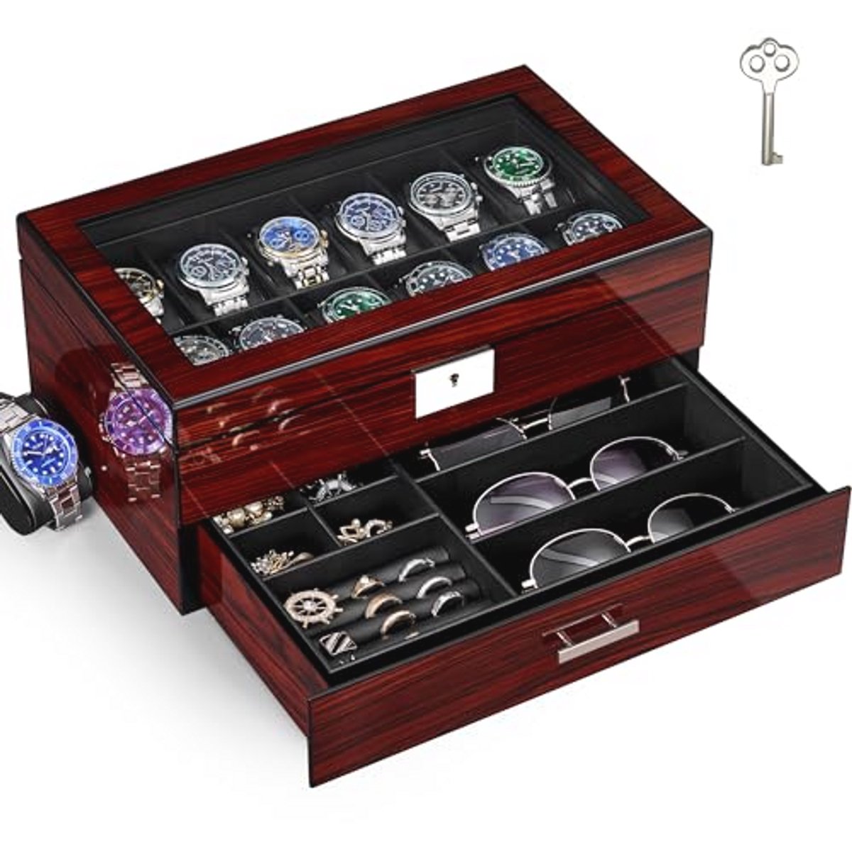 Horlogeetuis voor heren met 12 vakken en glazen deksel - Luxe horlogedoos en organizer