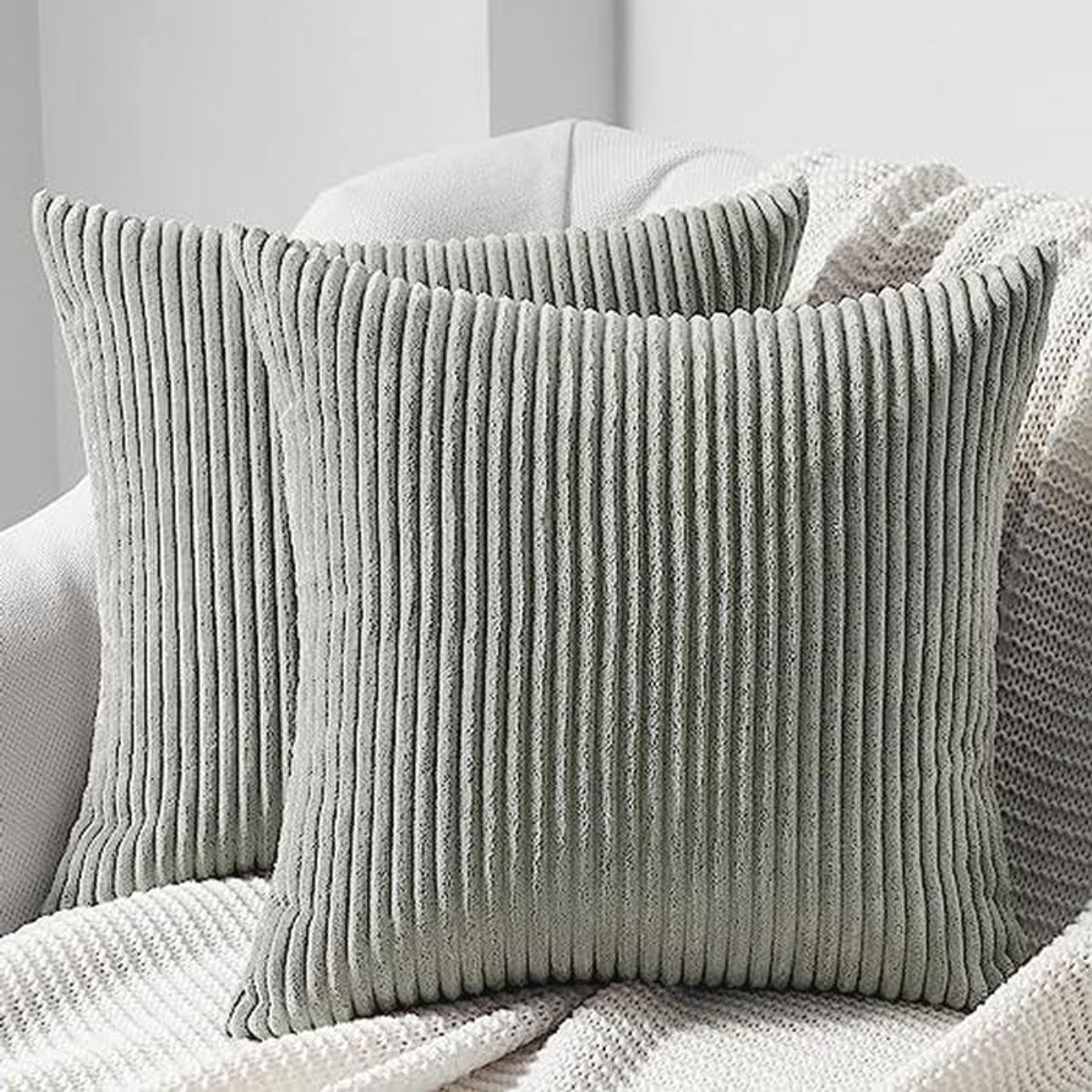 Grijze Corduroy Kussenhoezen Set van 2 - Gestreepte Decoratieve Kussenhoezen voor Woonkame