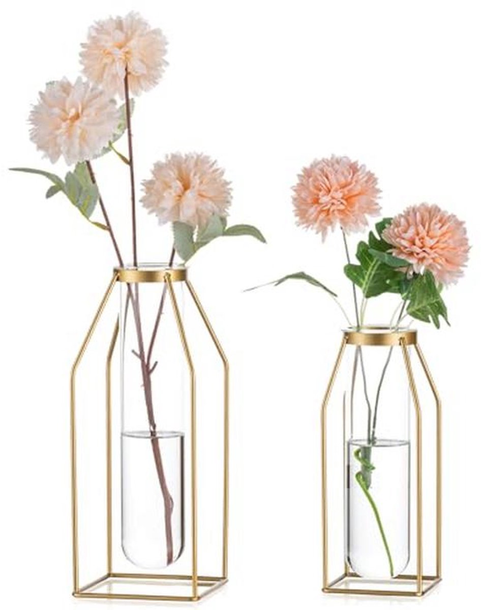Moderne metalen vaas met glazen proeftubes - abstracte geometrische vaas voor woonkamer en