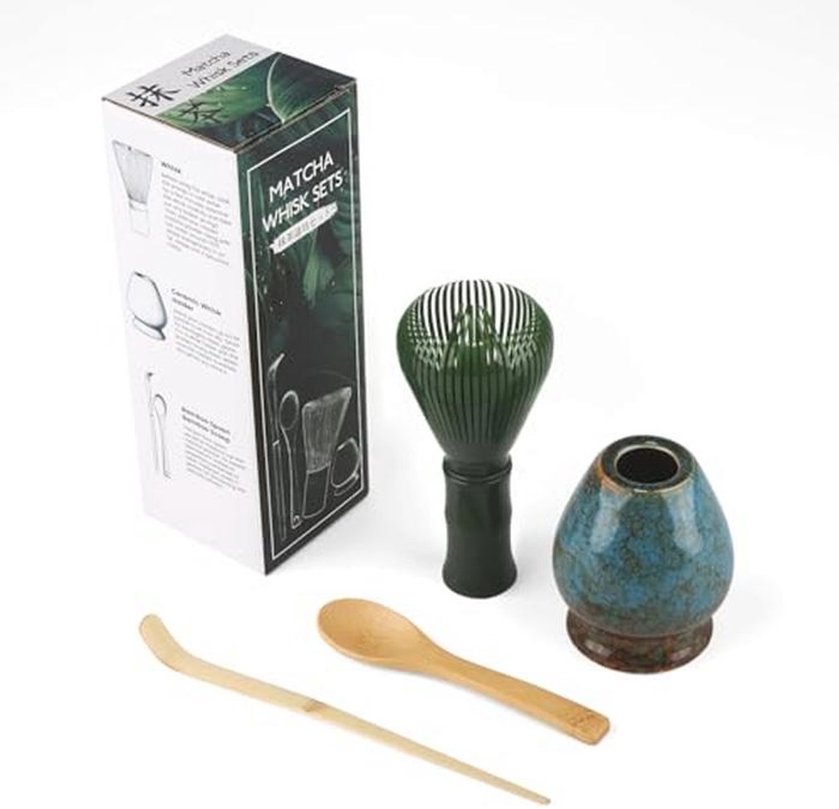 Complete 4-Piece Matcha Set for Tea Ceremony – Includes Whisk, Spoon, Scoop, and Holder