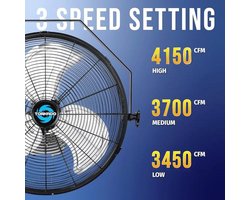 Industriële Wandventilator - 4000 CFM, 3 Snelheden, 16 Meter Kabel voor Commercieel en Industrieel Gebruik