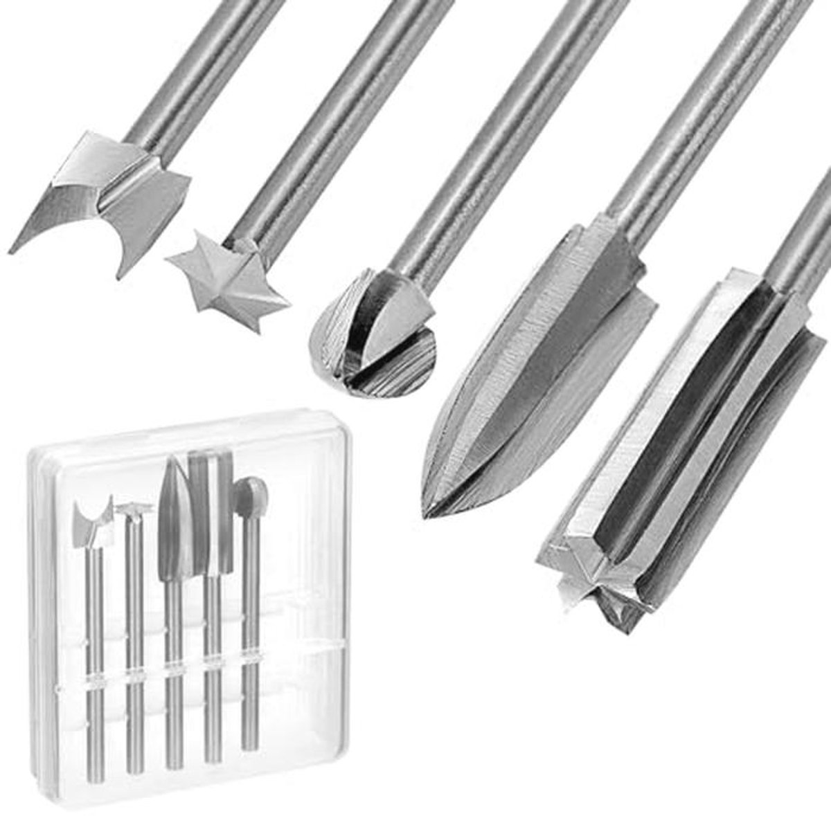 5-delige houtsnijderset voor roterend gereedschap - 3 mm x 8 mm, snelstaal houtsnijmateriaal voor houtgraveren en microsculptuur