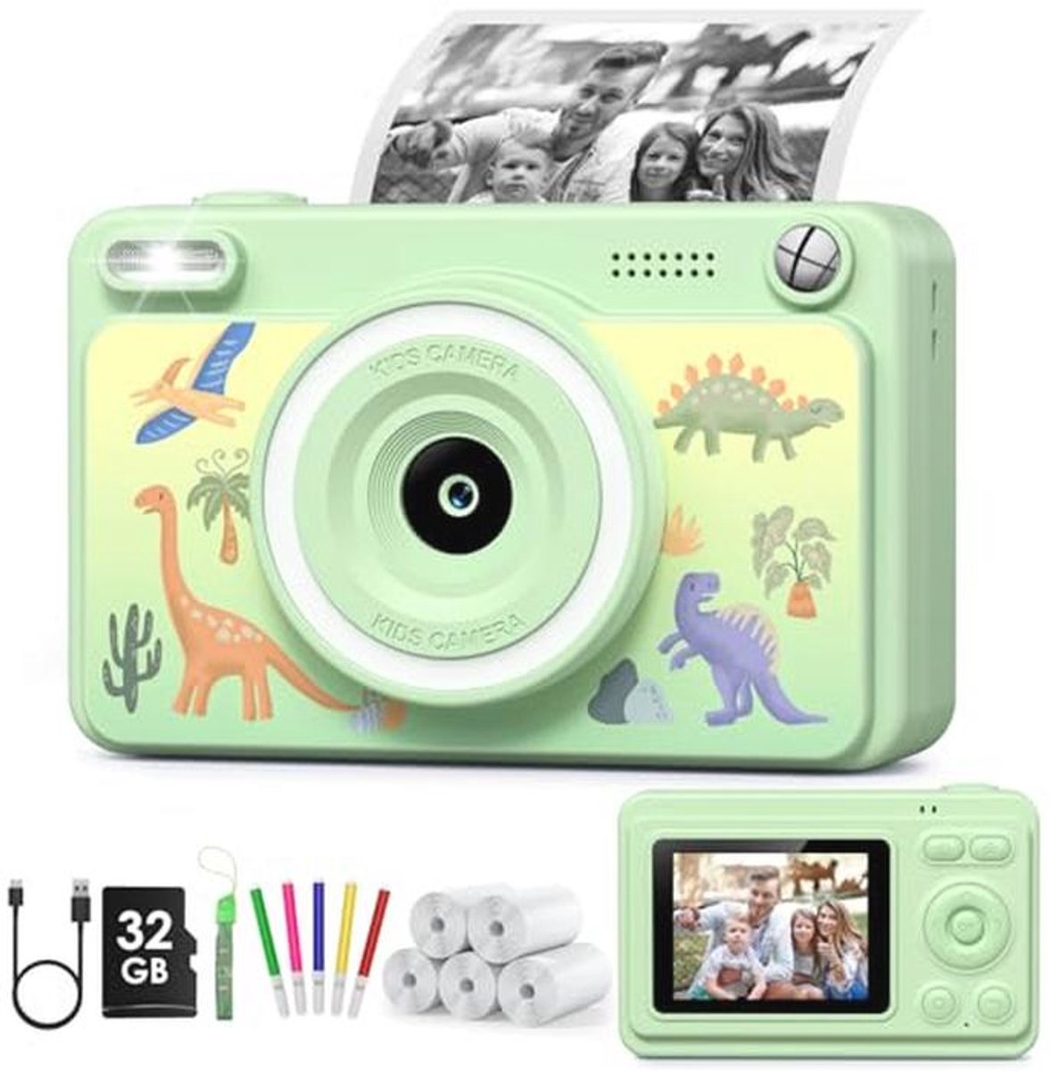 GREENKINDER Instant kindercamera, 2,4 inch scherm, met 32 GB kaart en 5 rollen printpapier, 1080p camera voor kinderen, direct afdrukken, cadeau voor 3-12 jongens en meisjes
