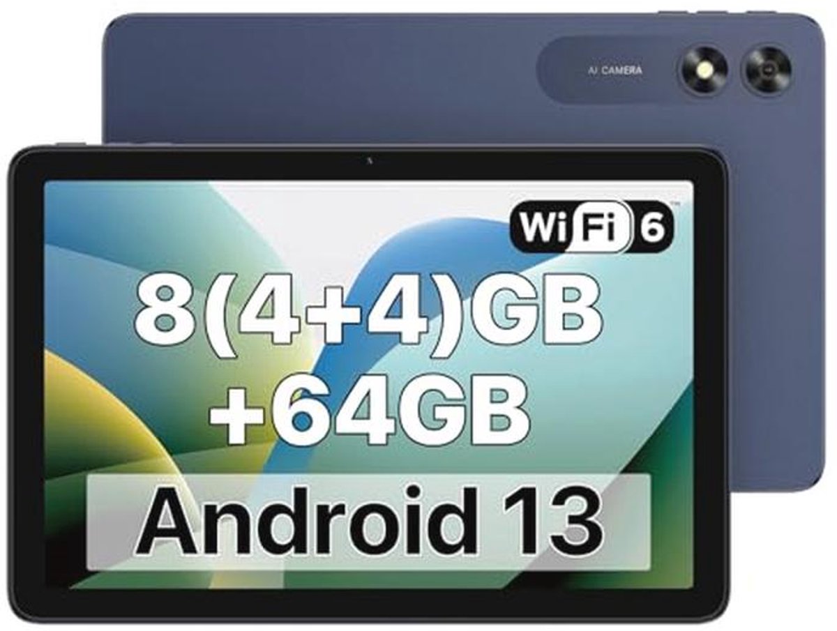 Android 13 Tablet met 8 GB RAM, 64 GB Opslag, 10.1" Scherm, Dual Camera en WiFi 6