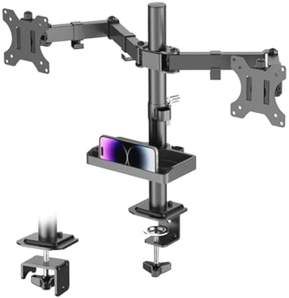 Dual Monitor Stand met Opbergplank voor 2 Monitoren 13"-27" - In Hoogte Verstelbaar, Draaibaar en Kantelbaar