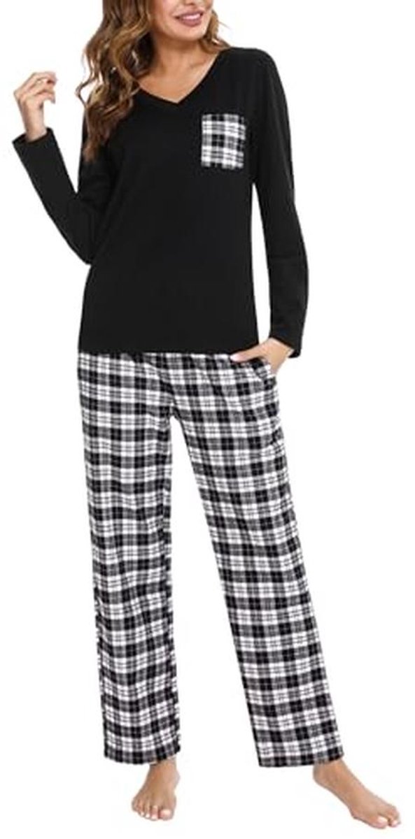 Dames Pyjama Set - 2-delig, Katoen, Lange Mouwen, V-hals, Geruit Design, Lounge Kleding, Warm en Zacht