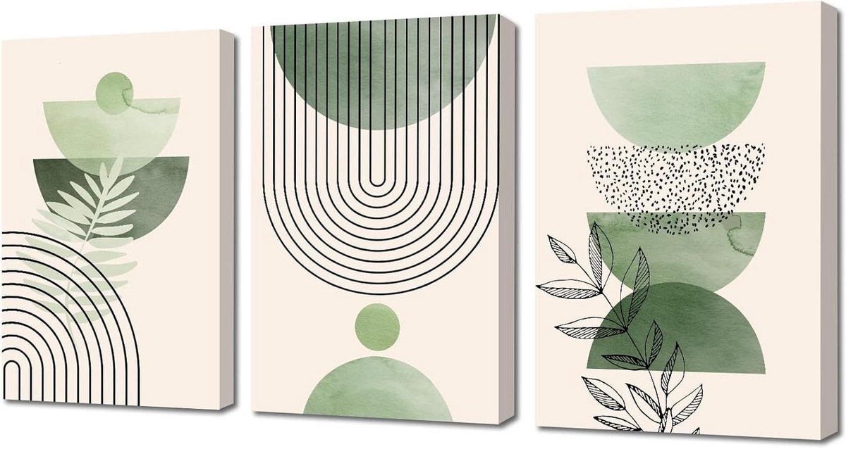 Provento - Groene planten canvas muurkunst voor slaapkamer en woonkamer, set van 3 panelen 30x40cm elk