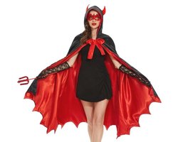 Ulikey Duivelskostuum voor dames, Halloween-kostuum, vampiercape, cape met capuchon, zwart en rood, dubbelzijdig, met duivelsvork, kanten oogklep, kanten handschoenen