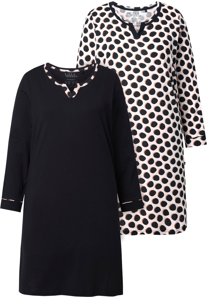 Ulla Popken Dames - Bigshirts set van 2 effen/stippen ronde hals lange mouw - Zwart - Maat 46+