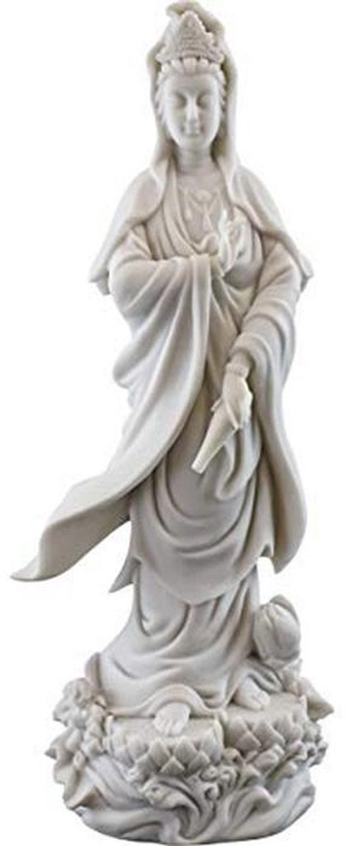 Kwan Yin Standbeeld op Lotus Pedestal - Beeld van Mededogen en Barmhartigheid in Witte Marmeren Afwerking - 12,5 Inch Boeddhistische Beeld