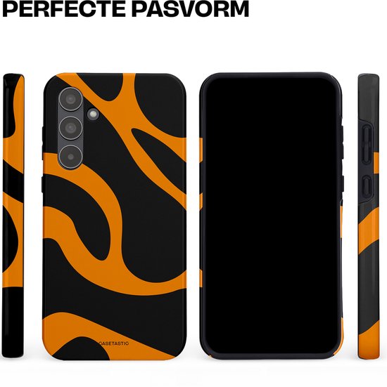 Telefoonhoes met oranje tijgerstrepen, van voren, van de zijkant en van achteren getoond. Perfecte pasvorm.