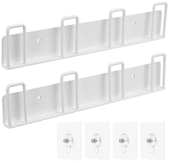 Set van twee witte metalen bekerhouders met in totaal acht opbergposities, inclusief zelfklevende haken.