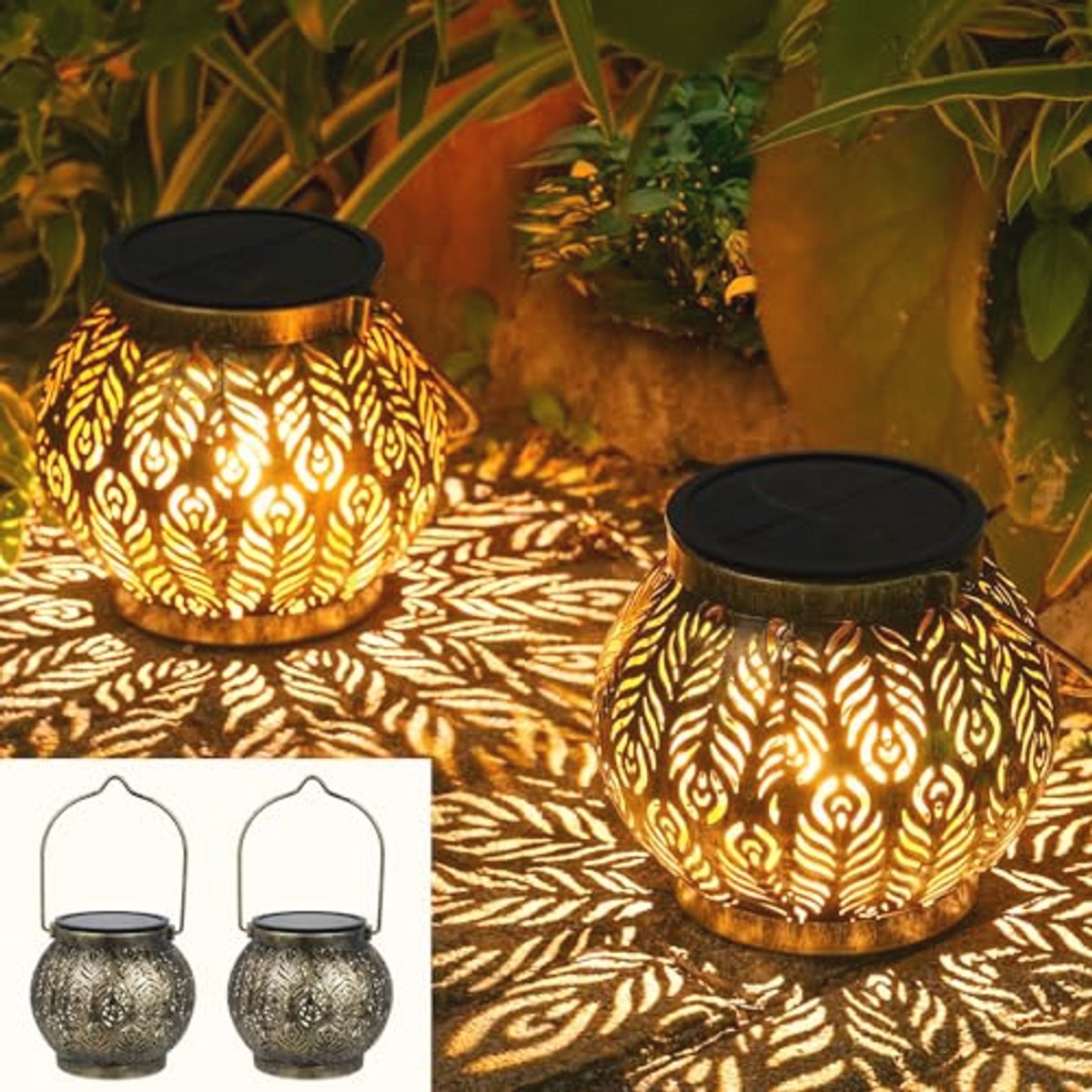 Zonne-energie Lantaarns - 2 Stuks Hanglampen voor Buiten | Vintage LED Tuin Verlichting