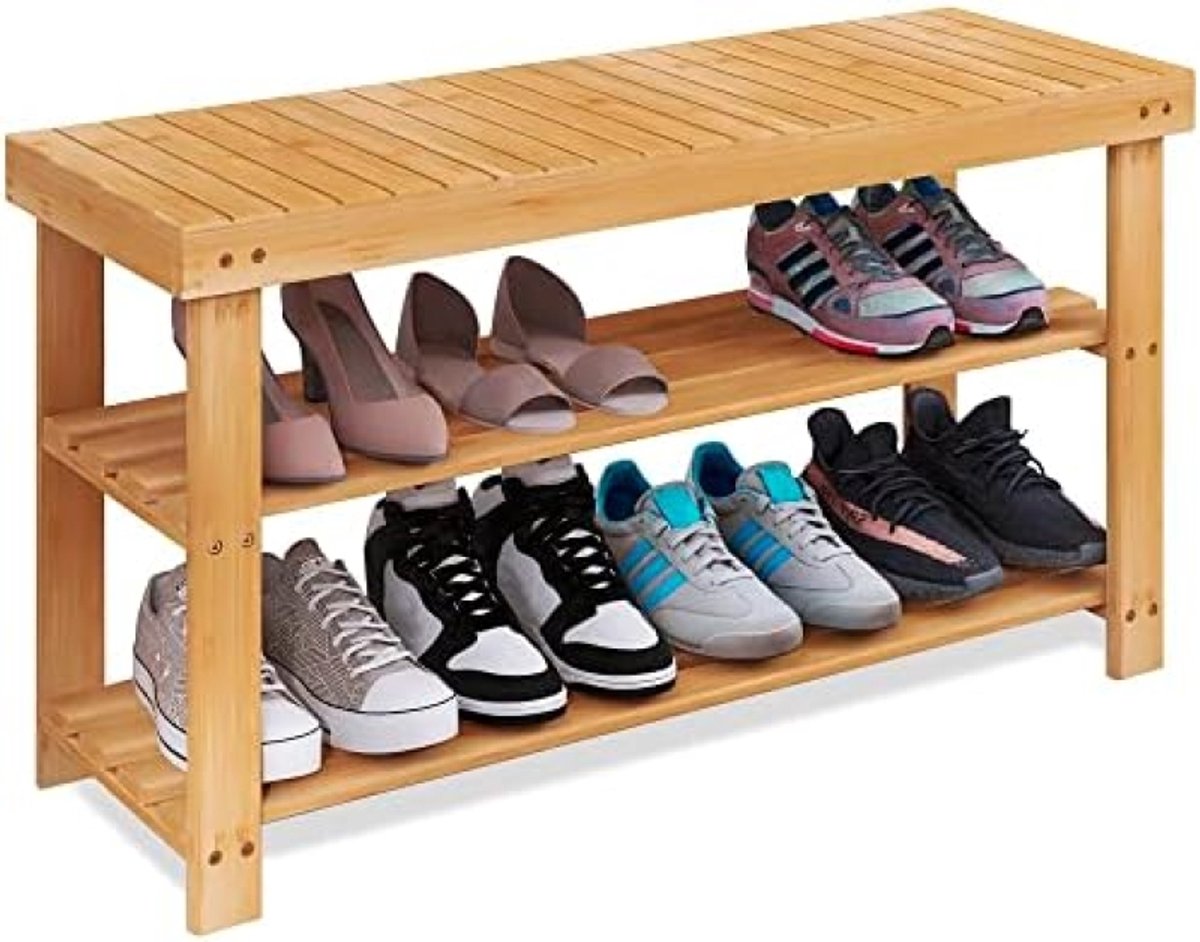 Bamboe Schoenenrek Bank, 3-Tier Schoen Organizer Opbergplank voor Hal Hal Badkamer Woonkamer (Honing)