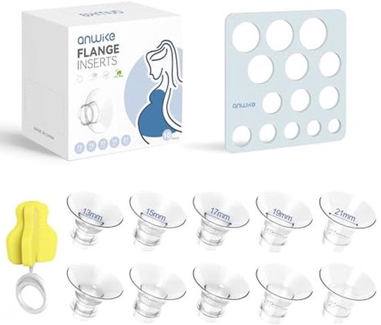 Een doos met 'flange inserts', een meetkaart en tien transparante flensinzetstukken in verschillende maten, met een gele borstel.