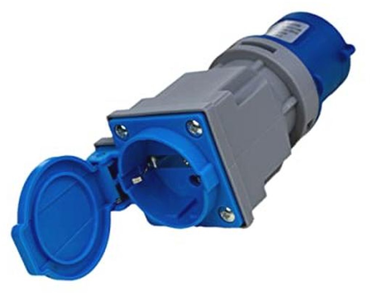 Compacte CEE-adapter naar Schuko-stopcontact - 230V, 16A, spatwaterdicht