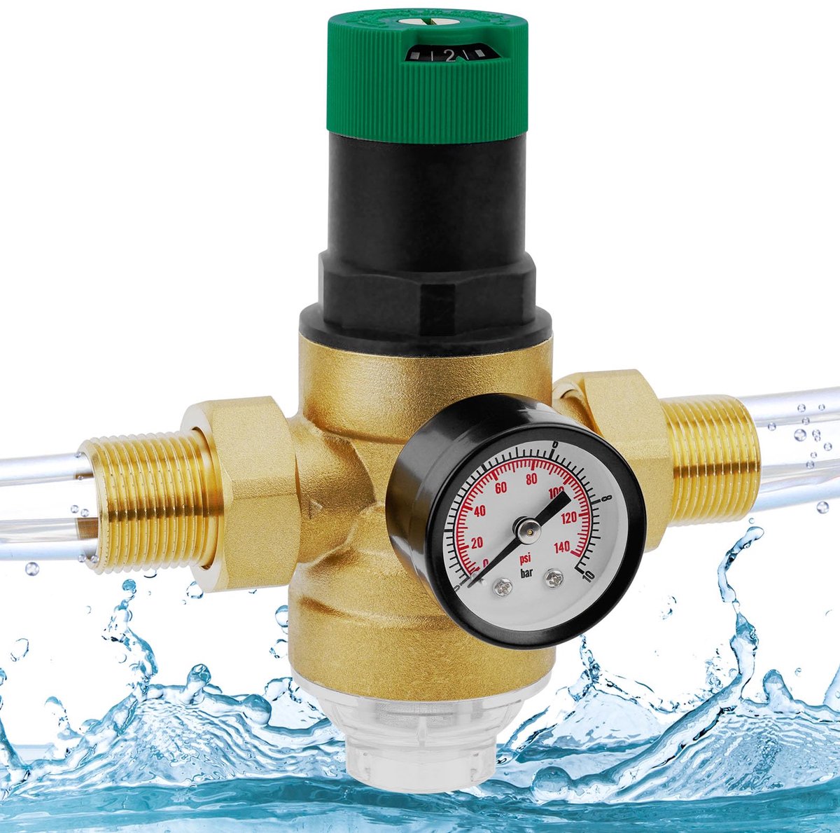 Unyqoos® Messing waterdrukregelaar met manometer en filter voor optimale waterkwaliteit