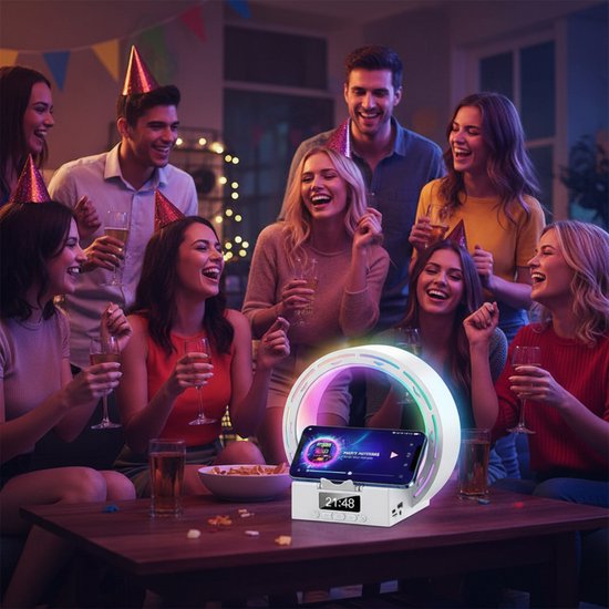 longziming -Bluetooth Speaker - Digitale Klok Slaapkamer - Bluetooth Speaker met Draadloos Opladen 15W - Bluetooth 5.3 - 3D Geluid - LED Sfeerverlichting met Digitale Klok en Telefoonhouder - Multifunctionele Bureau Speaker - wit van Longziming — afbeelding 2