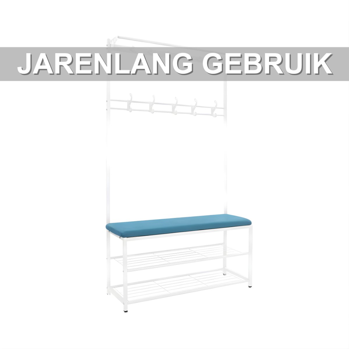 Kapstok met bank - Kledingrek - Schoenenrek - Voor kledingopslag en schoenen - Multifunctioneel - Met haken en bankje - Blauw – foto 2