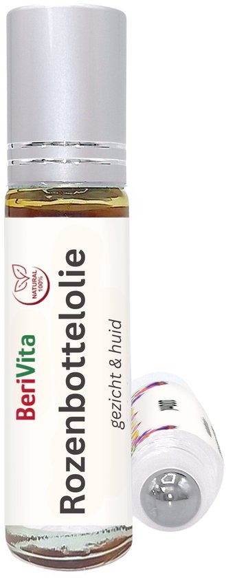 BeriVita Rozenbottelolie 10ml roller met metalen dop en roller, voor gezicht & huid. Vloeistof is goudbruin.
