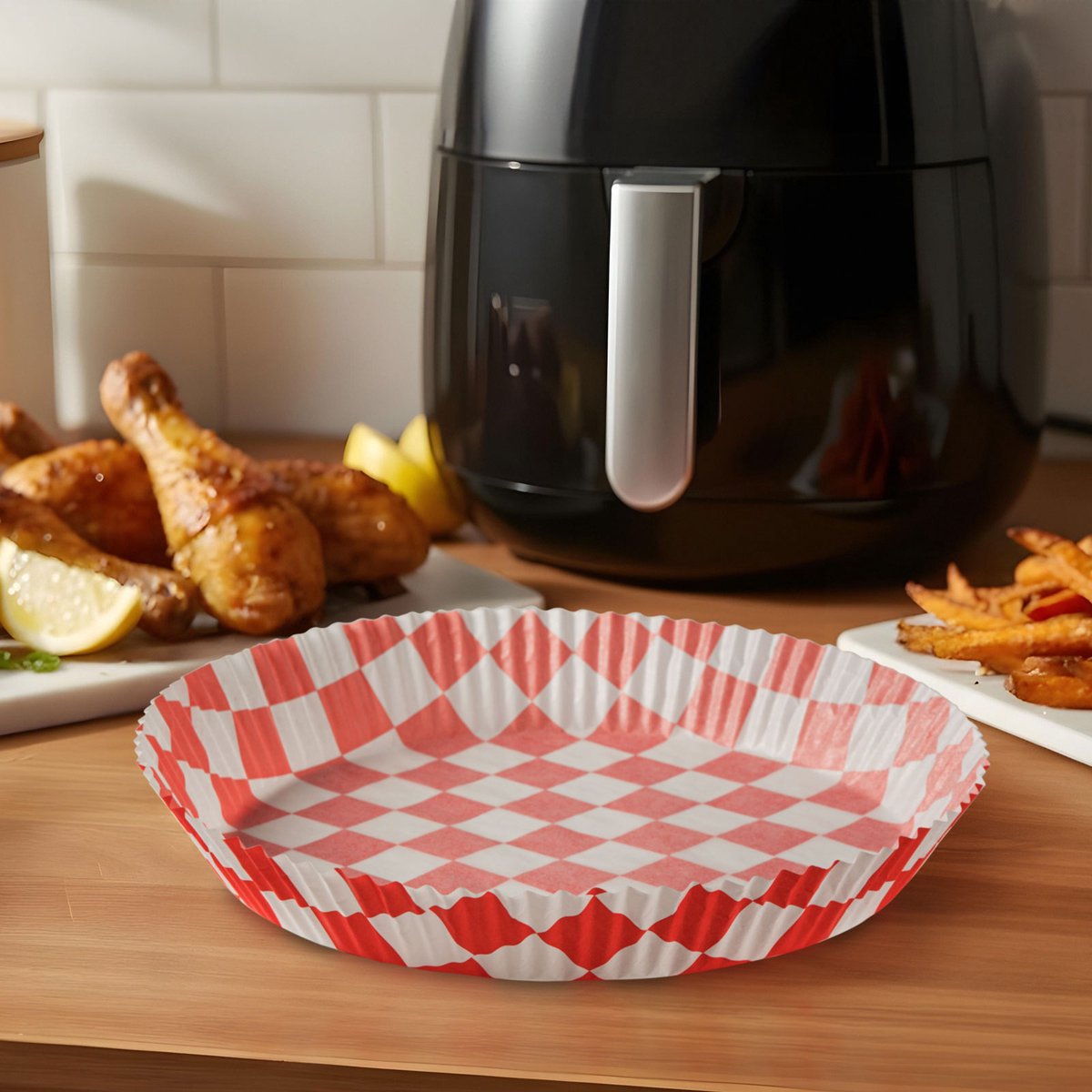 Airfryer Bakpapier Rond Geruit – Voor Olievrij Koken – Anti Aanbak Parchment Papier – Ø 23 Cm – 50 Stuks – Hittebestendig Tot 220 °C – Geschikt Voor Airfryer Oven En Magnetron – Wegwerp Gebruik [BW1032B]