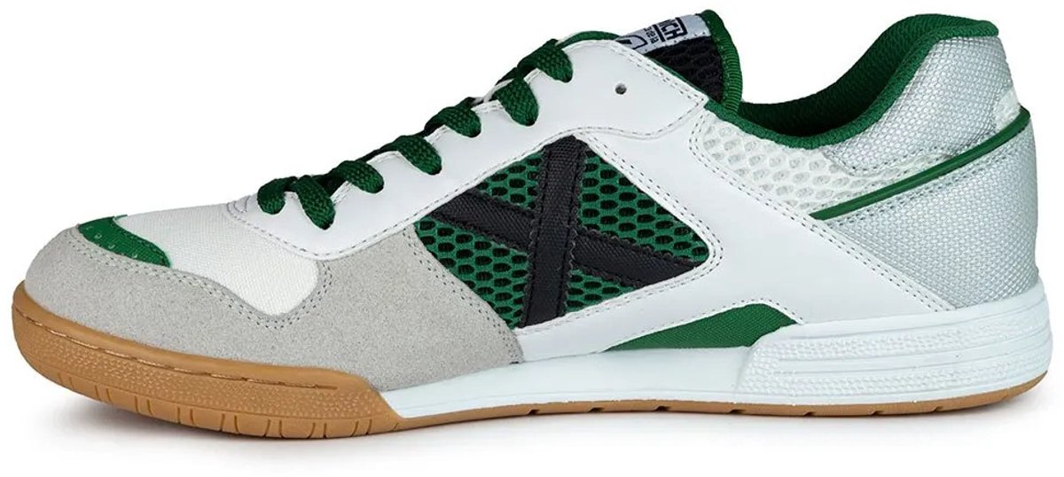 Groene MUNICH Continental V2 53 zaalvoetbalschoenen voor heren, met witte en grijze accenten en een rubberen zool.