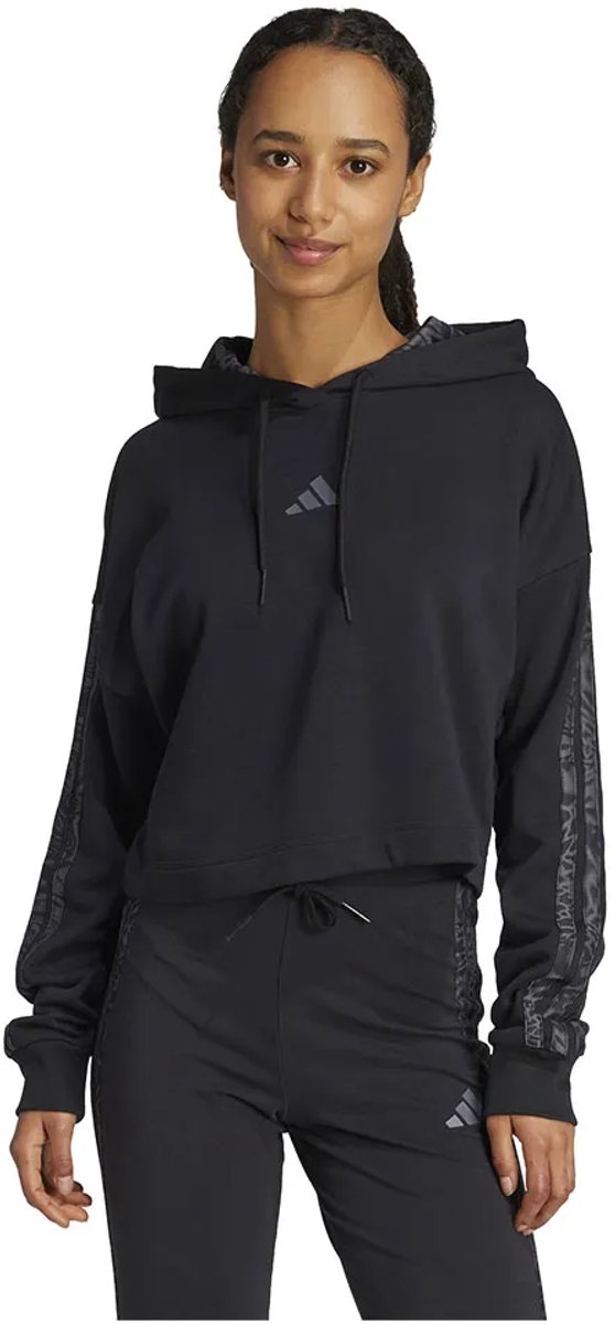 Adidas Essentials 3 Stripes Print French Terry Hoodie L Vrouw Zwart