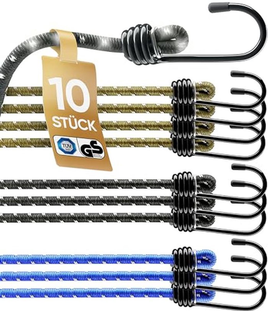 Set van 10 elastische spanbanden en haken voor transport en camping, TÜV/GS-getest