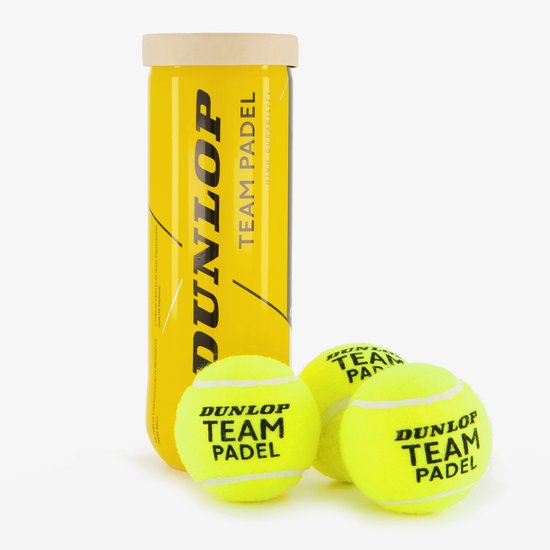 Gele Dunlop Team Padel balbuis met drie padelballen ervoor. Ballen hebben witte strepen.
