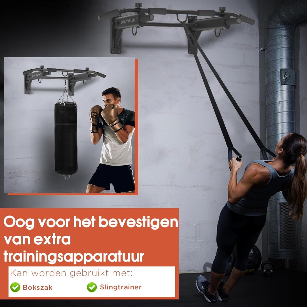 DH FitLife 4-in-1 optrekstang voor wandmontage met spreidplug, multifunctionele pull-up bar voor thuis tot 200 kg | 6 antislip handgrepen | 3 ogen voor bokszak & slingtrainer | veilig en stabiel thumbnail 5