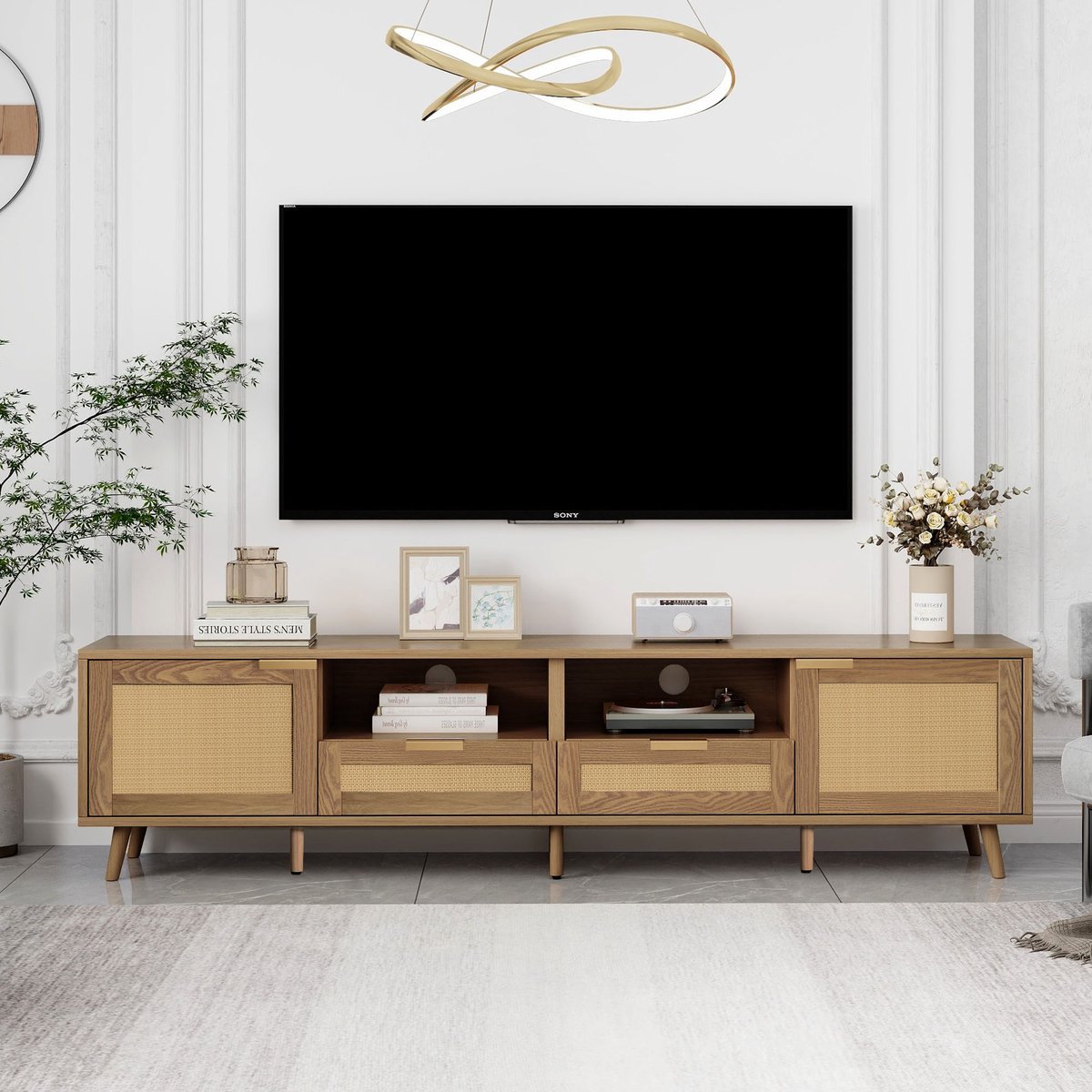 MODFU TV-meubel 200x37x49 cm van spaanplaat met massief houten poten, gevlochten rattan design en opbergruimte Eik