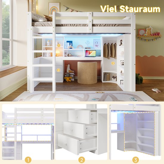 HAUSS SPOLE Lit Mezzanine 140x200cm - Avec éclairage LED - Armoire, Bureau Et 3 Tiroirs - Multifonctionnel Avec Rangement - Sans matelas - Sapin/MDF - Blanc