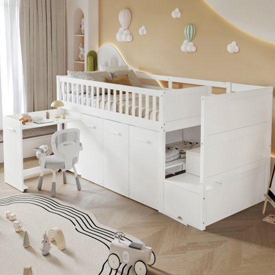 Lit superposé, lit multifonctionnel, lit enfant avec protection antichute et barreaux, avec bureau/penderie/casiers, avec 2 casiers dans l'escalier, pin + MDF, blanc, 90 x 200 cm