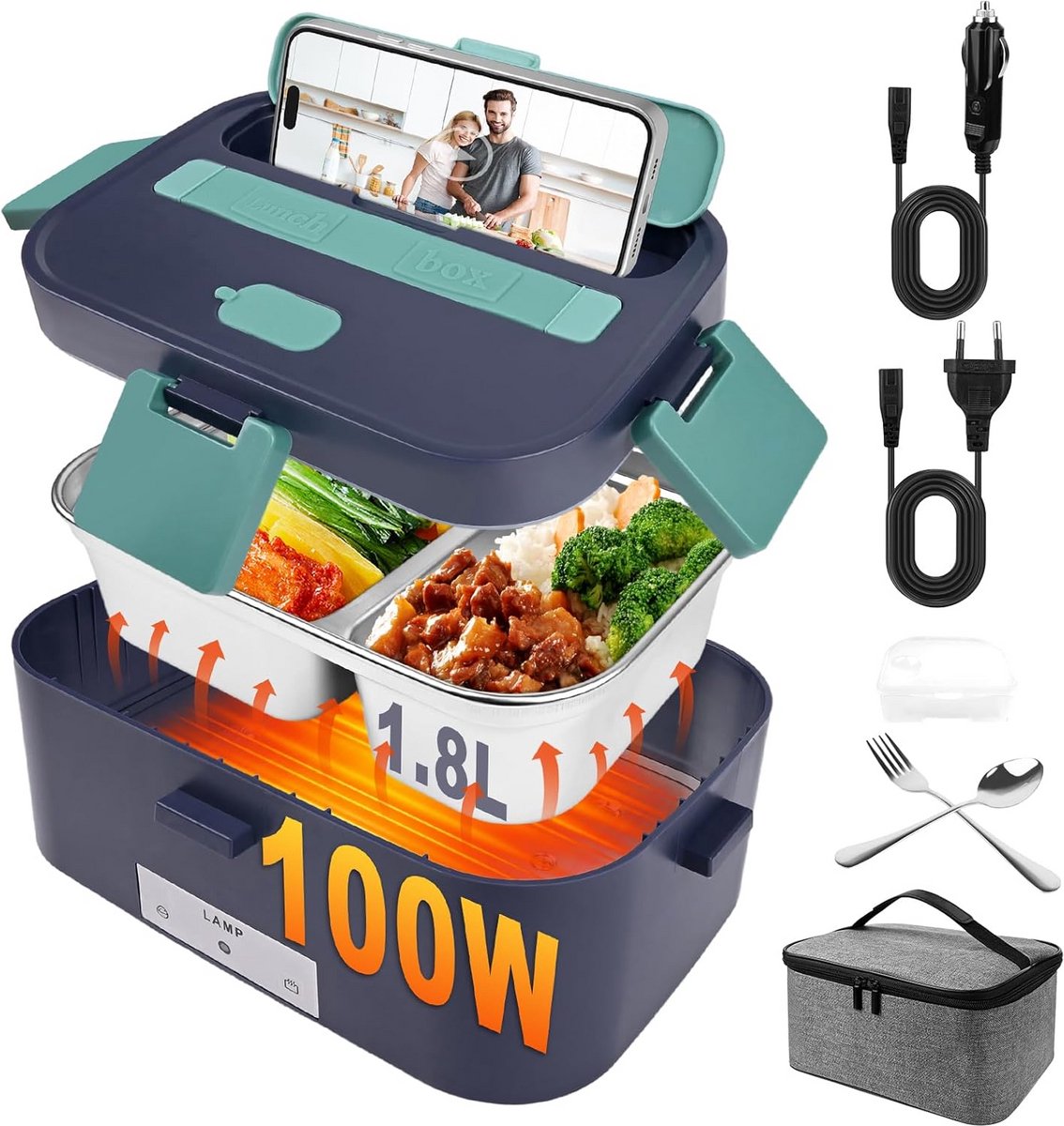 Elektrische Lunchtrommel 100W - 3-in-1 Opwarmen Auto & Stopcontact (12V/24V/220V) - Inclusief Bestek