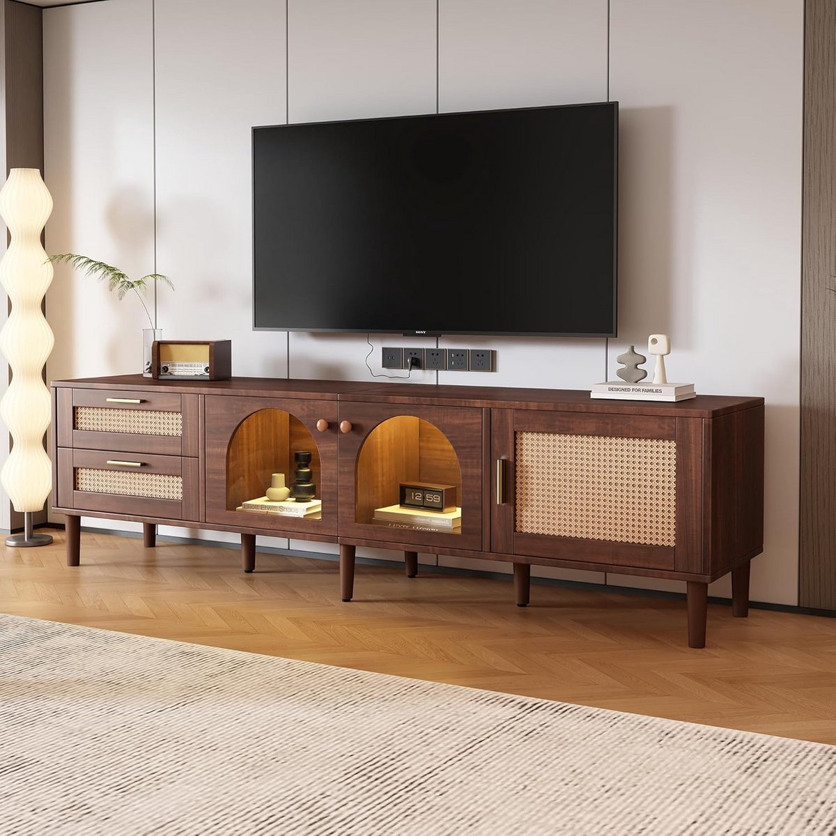 TV-meubel 180 cm breed met LED-verlichting en rieten deuren voor grote televisies