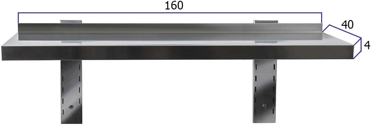 HCB® - Professionele Wandschap van metaal - Wandschap - RVS / INOX - Muurplank - wandplank - Horeca - 40x160x4 cm (DxBxH) - 20 kg - 9002