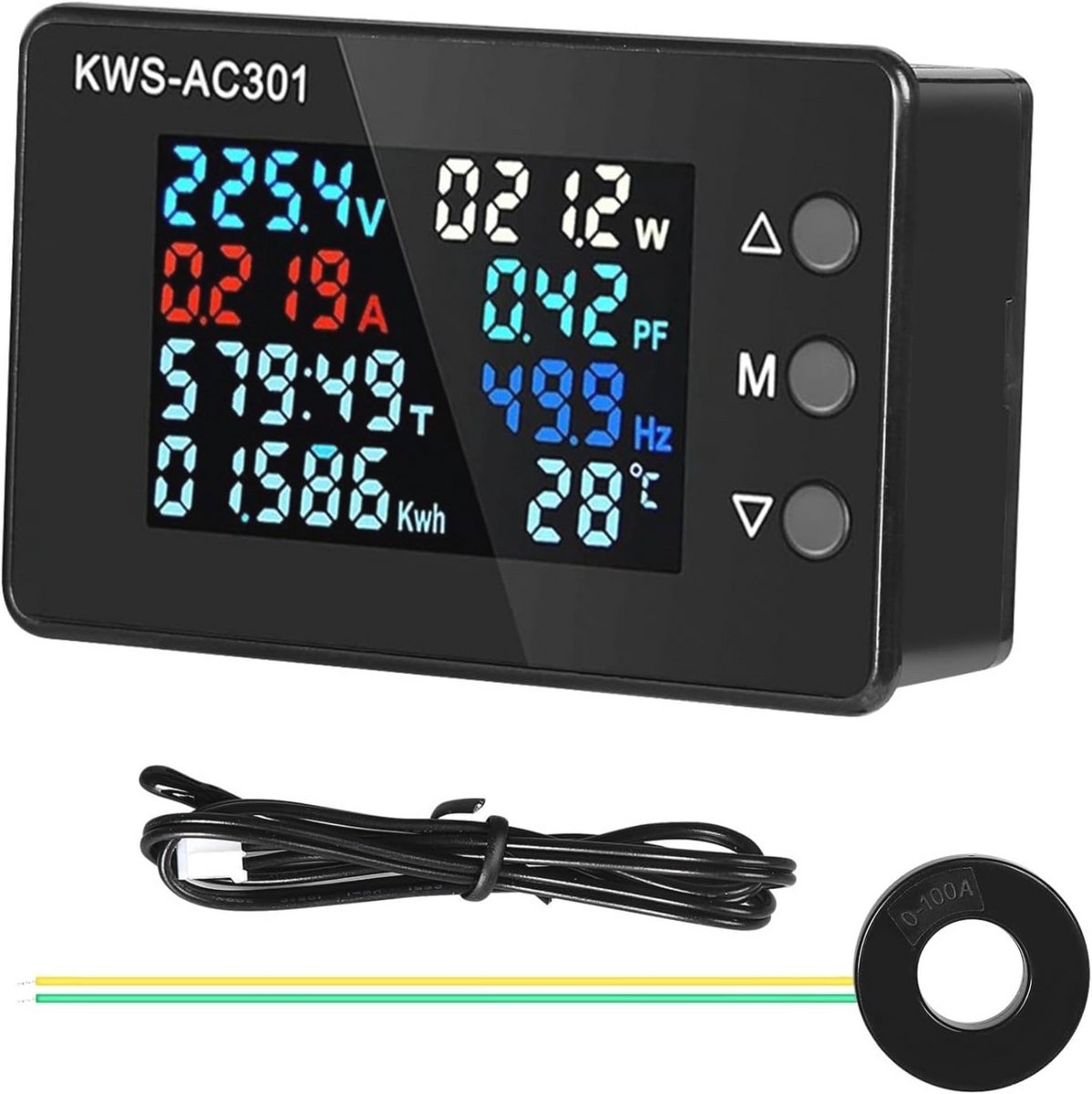 Digitale Stroommeter met Temperatuursensor en Transformator 0-100A AC 50-300V