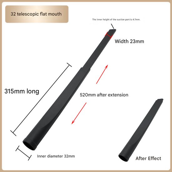 Zwarte, telescopische platte stofzuigermond. Afmetingen: 315mm lang, 32mm binnendiameter, 23mm breed. Uitgeschoven tot 520mm.