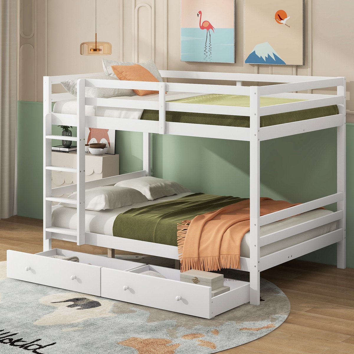 MODFU Ledikant 140x200 cm – wit – met laden, opbergruimte, hoge relingen en trap